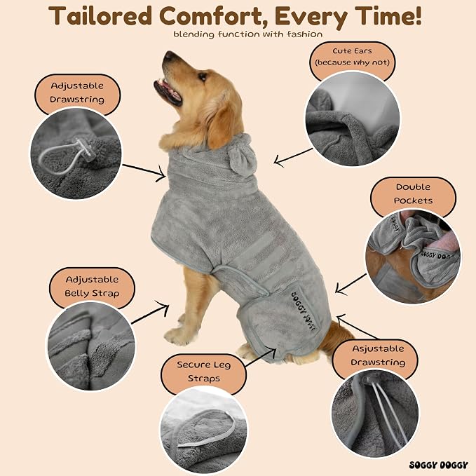 SOGGYDOGGY® US: Luxury Dog Bathrobe, Super Absorbent Microfiber Dog Bath Supplies, Fast Dry in Minutes, Thick & Soft Robe - Pet Grooming, Wash & Pet Hair Dryer - All-Season Dressing Gown (M)