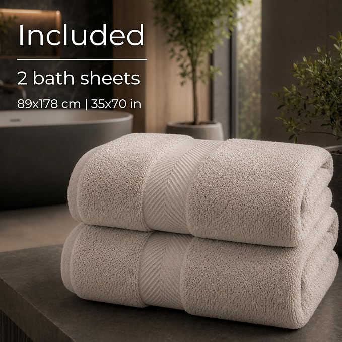 Viscose from Bamboo Bath Sheets Set of 2 - Extra Plush 700 GSM Quick Dry Cotton Blend for Luxury Bathroom Comfort - Super Soft, Large, Absorbent - Dune