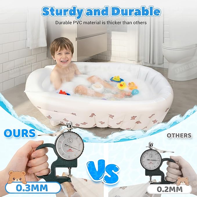 UNEEDE Inflatable Bathtub for Toddlers, Portable Baby Tub with Built-in Air Pump, Anti-Slip Design with Big Drain, Perfect for 0-6 Months Newborn and up, Ideal for Home Travel & Beach