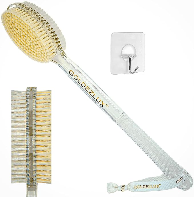 GOLDEZLUX® Firm Body Brush Dual-Sided Shower Brush Back Scrubber - Premium Medium Soft & Stiff Bristles Wet or Dry Brushing - Perfect Durable Non-Slip Long Handle Large Size 17" (Transparent Dual)