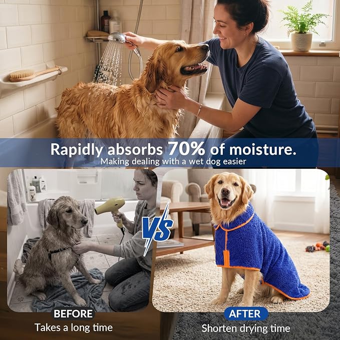 Bienbee Dog Bathrobe, Quick Drying Super Absorbent Pet Robes for Small Medium Large Dogs, Drying Coat for After Bath & Swim, Warm & Cozy Dogs Towels, Dog Puppy Bath Supplies, Dark Blue XL