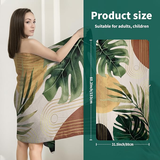 Boho Leaves Microfiber Bath Towel Soft Mid Century Modern Absorbent Towel for Adults Bathroom