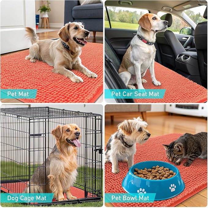 OLANLY Dog Door Mat for Muddy Paws 59x20, Absorbs Moisture and Dirt, Absorbent Non-Slip Washable Doormat, Quick Dry Chenille Mud Mat for Dogs, Entry Indoor Entryway Carpet for Inside Floor, Coral