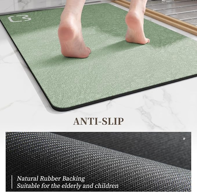 RUERYA Sage Green Bathroom Mat Rugs 15.7" x 23.6" Super Absorbent Quick Drying Diatomaceous Earth Bath Mats for Bathroom Non Slip Rubber Backed Thin Bathroom Rugs Floor Mat, Machine Washable