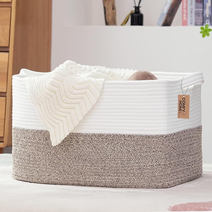 COMFY-HOMI Large Rectangular Blanket, Cotton Rope Woven for Storage, LaundryHamper, Storage,Toy Organizing Bin with Handle, Organizer and Storage-22x15x12-
