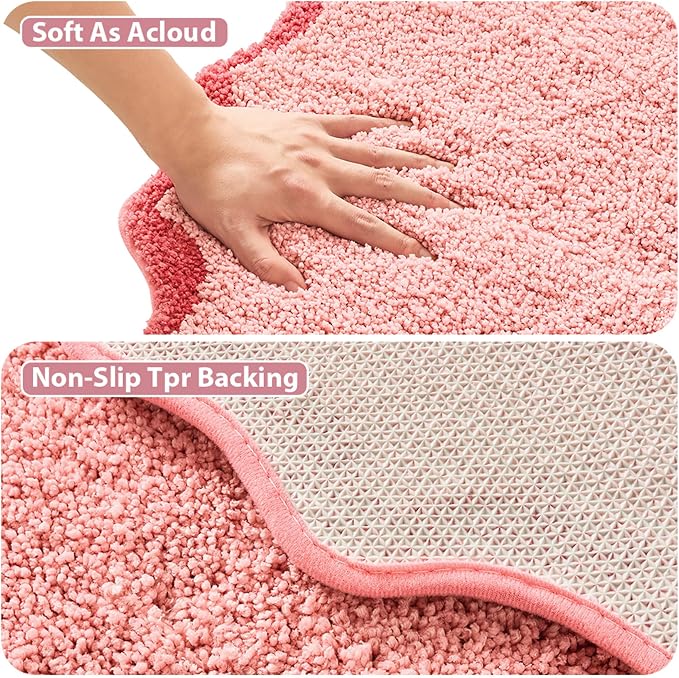 ORTIGIA Cute Pink Scalloped Bath Mat, Quick Dry Bath Rug Absorbent Soft Plush Microfiber Bathmat for Bathroom Floor Carpet for Sink Bedroom, 24x24