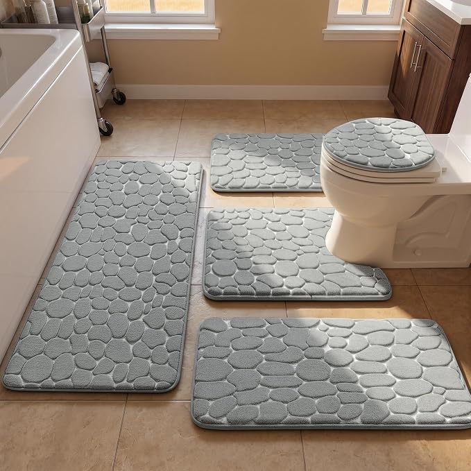 YIHOUSE Bathroom Rugs Mat Set, Memory Foam Bath Mat 5 Piece Gray | Non Slip, Water Absorbent, Washable, Bath Mat For Bathroom, Sink and Toilet