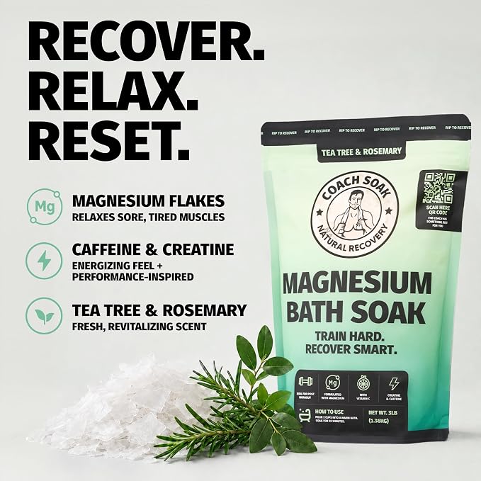 Coach Soak Recovery Bath Soak - Alternative to Epsom Salt Bath Soak - Fast-Absorbing Pure Magnesium Flakes & Dead Sea Salt with 21 Minerals, Bath Salts & Essential Oils - 3 lb, Tea Tree & Rosemary