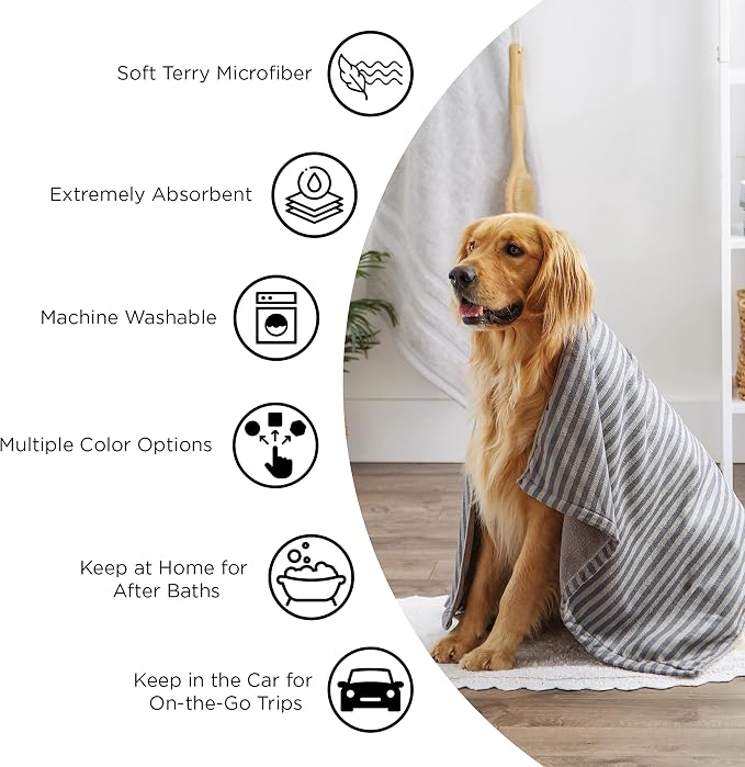 Bone Dry Pet Grooming, Embroidered Microfiber Towel Drying Collection, 15x30, Gray