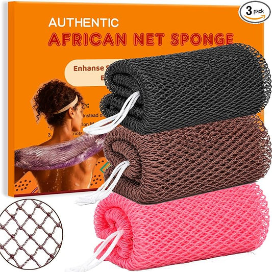 African Net Sponge Authentic, 3 Pieces African Exfoliating Net Sponge Body Back Scrubber Exfoliating Washcloth for Shower Bath for All Types (Black+Brown+Pink, 3 Pcs)
