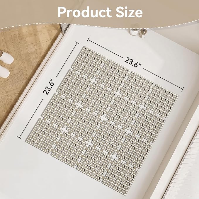 Bath Tub Shower Mat Non Slip, 24"x 24" Extra Large Shower Mats for Inside Shower Bathroom, Square Shower Floor Mat, TPE Shower Mats with Suction Cups Drain Holes Machine Washable (Browm)
