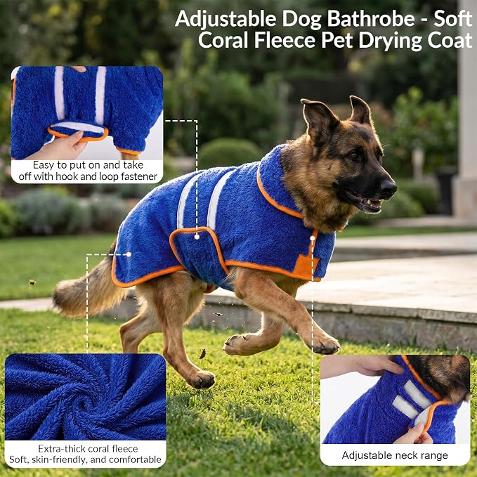 Bienbee Dog Bathrobe, Quick Drying Super Absorbent Pet Robes for Small Medium Large Dogs, Drying Coat for After Bath & Swim, Warm & Cozy Dogs Towels, Dog Puppy Bath Supplies, Dark Blue S