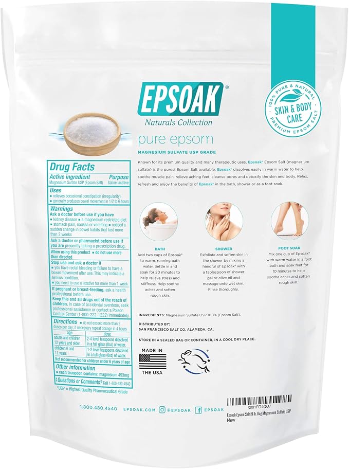 Epsoak Epsom Salt 38 lb. Magnesium Sulfate USP. (Qty. 2 x 19 lb. Bags) Resealable Epsom Salt Bag Unscented, Made in The USA, Cruelty-Free Certified
