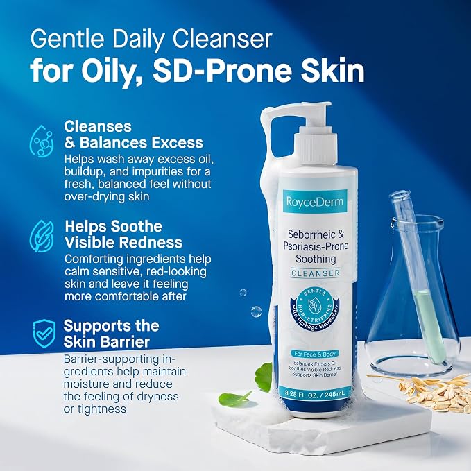 Roycederm Seborrheic Dermatitis Face & Body Wash - Foaming Daily Face Wash for SD-Prone and Psoriasis-Prone, Oily, Flaky, Redness-Prone and Sensitive Skin - Fragrance-Free, 8.45 Fl Oz