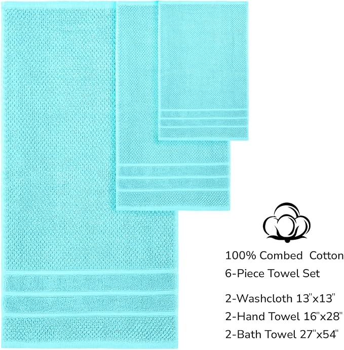 Feather & Stitch 100% Cotton 625 GSM Bath Towel Set of 6, Ultra Soft Highly Absorbent 2 Bath Towels, 2 Hand Towels & 2 Washcloth - Luxury Quick Dry Shower Towels (Aqua)