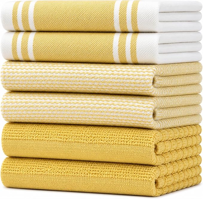 Premium Kitchen Towels (20”x 28”, 6 Pack) | Large Cotton Dish Towels | Flat & Terry Highly Absorbent Kitchen Linen Set with Hanging Loop | Wide Stripe Yellow