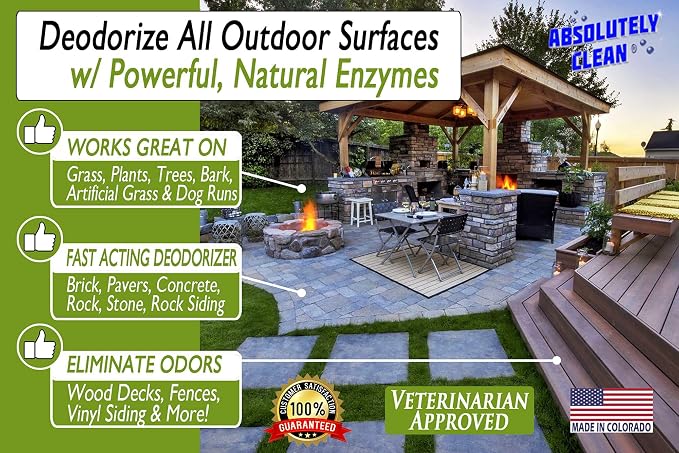 Absolutely Clean Amazing Outdoor Deodorizer odor eliminator Natural Enzyme Just Spray & Walk Away Grass, AstroTurf, Dog Runs, Patios, Decks, Fence & More Vet Approved - odor eliminator for strong odor