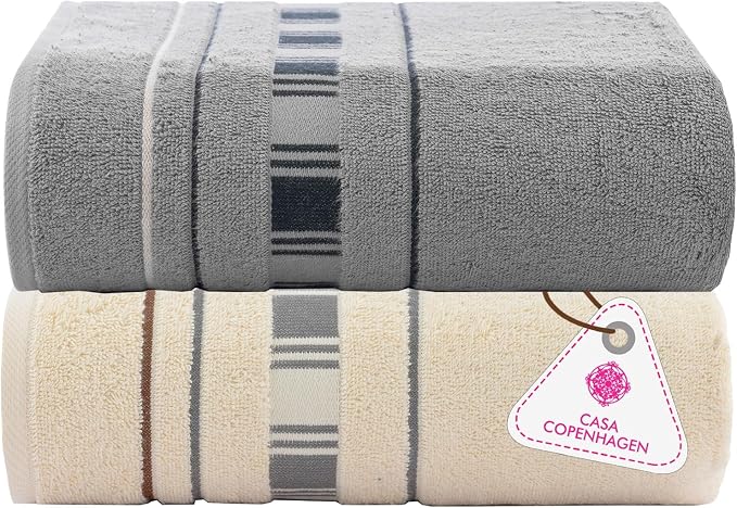 CASA COPENHAGEN X Line 2Pcs 100% Egyptian Cotton Large Designer Bathsheet Towels Gift Set- Grey - Cream, 600GSM, 35"x70" 2Bath Sheet Towels for Bathroom Set for Women & Men
