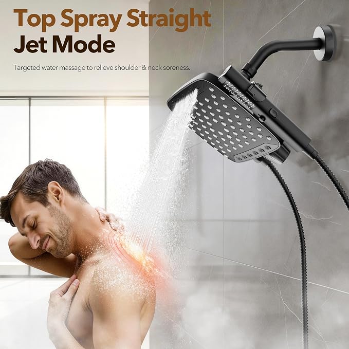 JDO High Pressure Rain Shower Head with Handheld Spray Matte Black, 7 Modes Dual Shower Head Combo, 10 Inch Rainfall Showerhead Detachable, Power Wash for Bathroom Cleaning