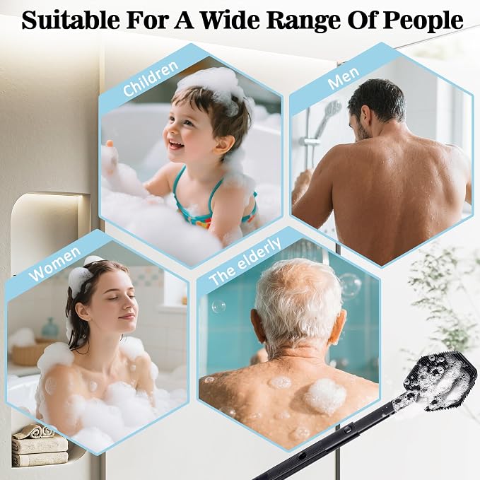Silicone Back Scrubber for Shower with 21" Extendable Handle–Dual-Sided Long Handle Bath Brush for Exfoliating&Massage–Non-Slip Grip, Gentle&Deep Cleansing Body Brush for Men, Women, Seniors (Black)