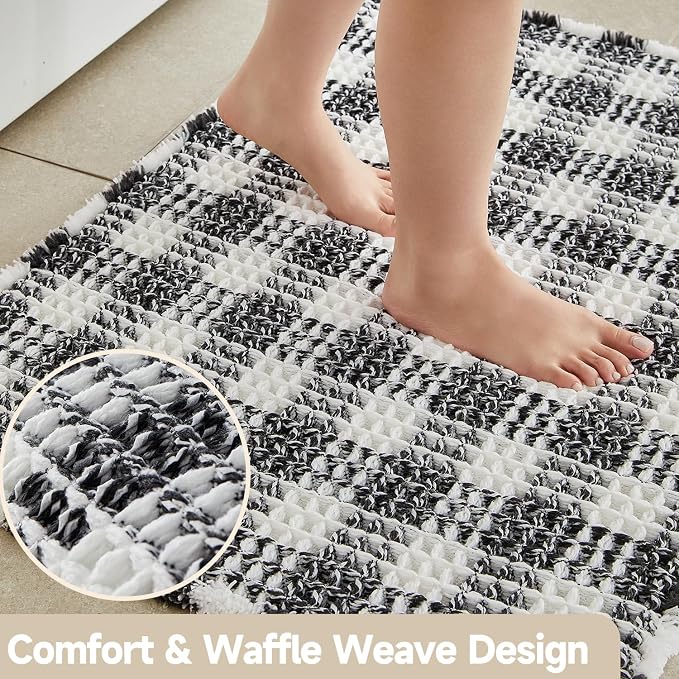 TYUU Waffle Bath Mat, Boho Bathroom Rugs Non Slip Washable Absorbent Checkered Bathroom Mat Quick Dry Farmhouse Bathroom Decor, 36"x24" Black and White
