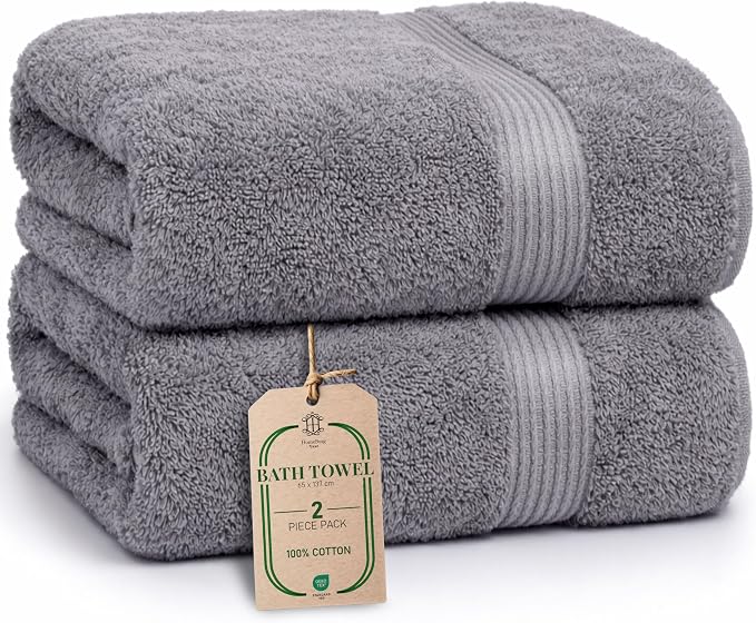 Luxe 2-Piece Bath Towel Set – Large Soft Cotton Towels, Absorbent, Durable & Skin-Friendly, Machine Washable, 27 x 54 in, Stone Grey