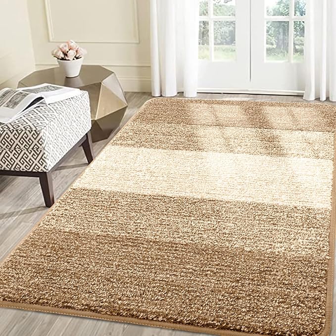 Smiry Dog Door Mat for Muddy Paws, Absorbs Moisture and Dirt, Low-Profile Entryway Mat with Non-Slip Backing, Entry Indoor Outdoor Doormat for Inside Floor (70x35 Inches, Camel, Striped)