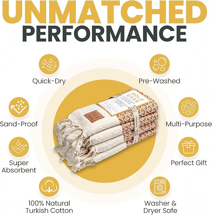 Gold CASE Turkish Hand Towels for Bathroom Set of 4 – 100% Cotton Bathroom Towels – Helen Kitchen Small Towel for Spa, Face, Tea & Dishcloth – Decorative Patterned Weave – Orange