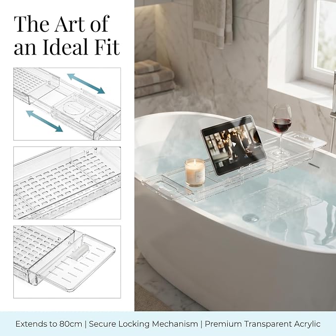 Expandable Clear Acrylic Bathtub Tray Caddy, Foldable Non-Slip Bath Table Tray with Drain Slots, Acrylic Tub Organizer, for Weddings, Anniversaries, Bridal Showers, and New Homes
