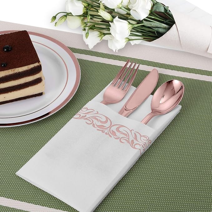 FOCUSLINE 200 Linen Feel Disposable Bathroom Napkins, Soft and Absorbent Paper Guest Towels, Cloth-Like Paper Hand Towels Decorative Napkins for Parties,Weddings,Dinners or Events,Rose Gold, 12" x 17"