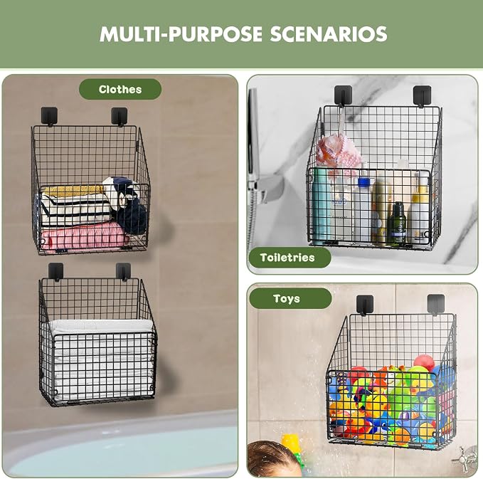 Greentainer 2-Pack Bath Toy Storage Organizer, Large Foldable Bathtub Toy Holder with Drainage, No Drill Adhesive Wall Mounted Rustproof Metal Wire Basket for Bathroom Tub & Shower Toys