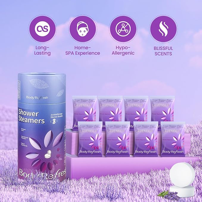 BodyRefresh Lavender Shower Steamers Aromatherapy 8 Pack - Birthday Gifts for Women Mom Wife, Shower Bombs with Essentials Oil for Home Spa Relaxation Self Care