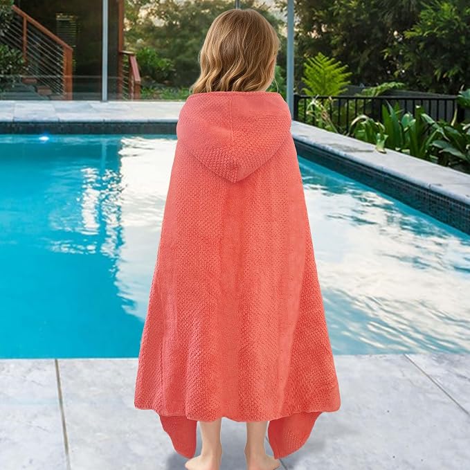 VOOVA & MOVAS Hooded Bath Towels for Kids | Soft Absorbent 100% Cotton Thick Towel Wrap | Versatile Beach, Pool, Swim & Bath Cover-Up | Deep Pink Solid Waffle