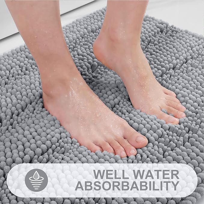 Grandaily Chenille Striped Bathroom Rugs 24x16, Extra Thick and Absorbent Bath Mats, Non-Slip Soft Plush Shaggy Shower Carpet, Machine Wash Dry, Bath Rug for Bathroom, (Small, Light Grey)