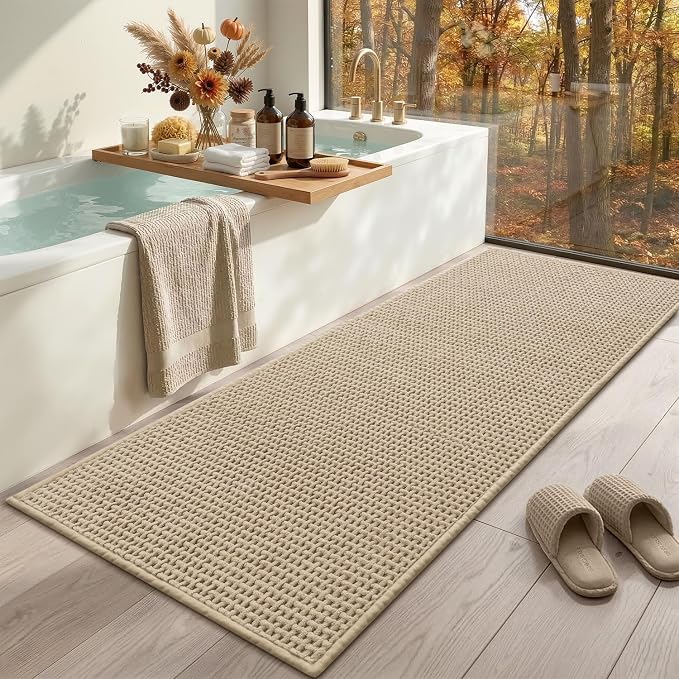 Color&Geometry Rubber Backed Waffle Bath Mat 72x24, Non Slip Water Washable Bathroom Rugs, Soft Absorbent Chenille Boho Carpet for Bathroom Floor, Tub and Shower, Beige