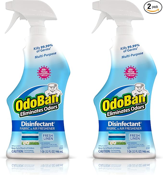 OdoBan Ready-to-Use Disinfectant and Odor Eliminator, Set of 2 Spray Bottles, 32 Ounces Each, Fresh Linen Scent
