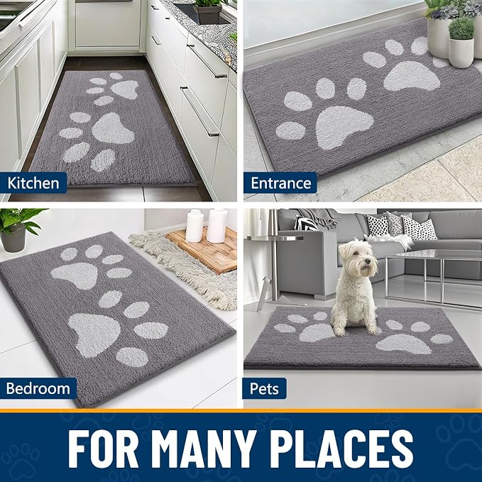 Smiry Dog Door Mat for Muddy Paws, Absorbs Moisture and Dirt, Low-Profile Entryway Mat with Non-Slip Backing, Entry Indoor Outdoor Doormat for Inside Floor (30x20 Inches, Light Grey, Paw)