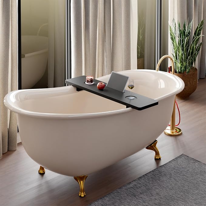 TINAMO 35" Acacia Wood Bathtub Tray, Adjustable Feet with Accessory Holders | Adjustable Width, Lightweight, 35" x 9" x 2.5", Anti-Tipping, Phone/Tablet Stand, Beverage Holder, Beveled Edge Design, Black