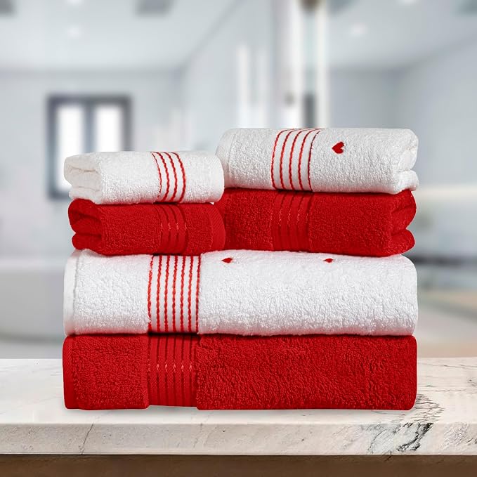 Elegant Comfort Premium Cotton 6-Piece Towel Set, Includes 2 Washcloths, 2 Hand Towels and 2 Bath Towels, 100% Turkish Cotton - Highly Absorbent and Super Soft Towels for Bathroom, Hearts