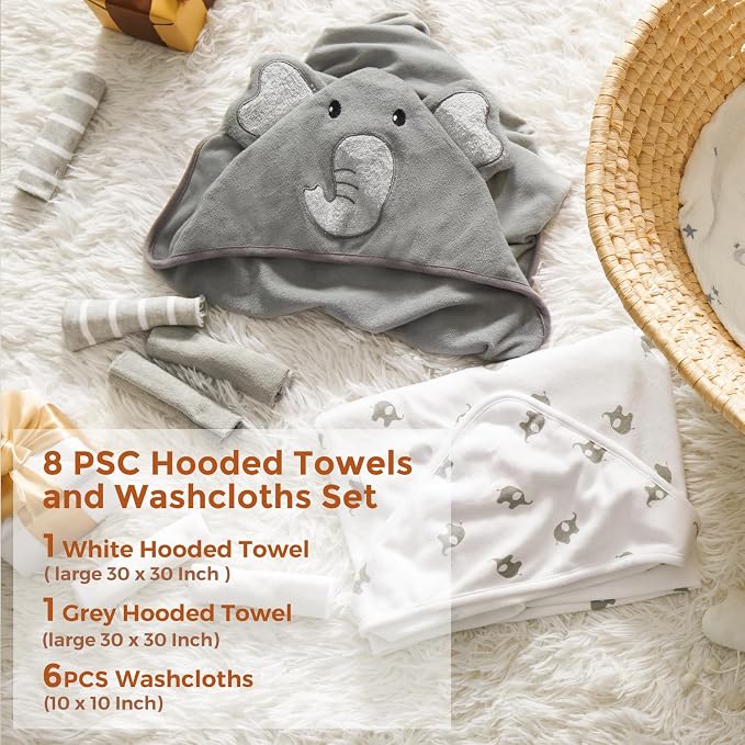 Momcozy Cute Elephant Hooded Baby Towel- 8 Piece Bath Essential, 2 x Towels and 6 x Wash Cloth Set- Perfect Shower Gift for Boys or Girls - Soft and Comfort for Newborn, Infant and Toddler