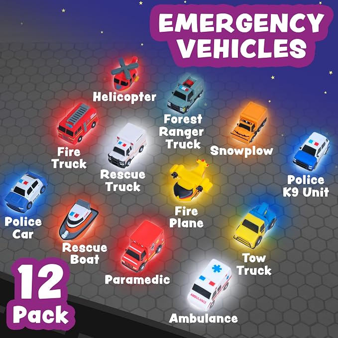 Tub Works® Emergency™ Cars Light Up Bath Toys, 12 Pack | Water-Activated Light Up Toys Flash & Change Color | Easy-Grip Baby & Toddler Bath Toys | Sensory Toys with Bath Lights for Kids Bath
