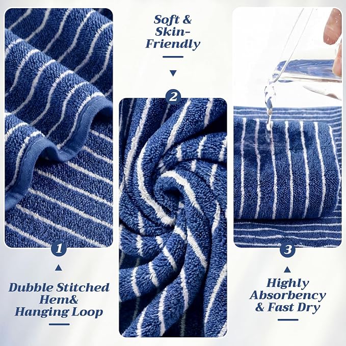 6 Pcs Oversized Bath Towels for Adults 35x70 Inches Blue & White Striped Extra Large Bath Towel Sets Bathroom Sheets Jumbo Shower Towels Quick Dry Absorbent Soft Microfiber for Women Men