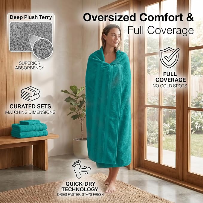 RIVERSIDE Pack of 2 Extra Large Bath Sheets 35 x 70 Inches, 100% Ring Spun Cotton, Hotel Quality, Oversized Bath Towels, Super Soft, Highly Absorbent & Quicker to Dry, Teal