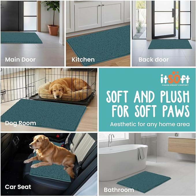 Dog Rugs for Muddy Paws 25x18 | Cleaner Mud Free Floors | Muddy Dogs Mats for Indoor, Dog Mat for Muddy Paws Door Mat Washable, Absorbent Chenille Mud Room Rug Paw Matt w/ Non Slip Backing, Teal