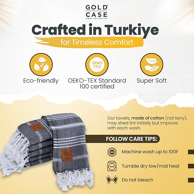 Gold CASE Turkish Hand Towels for Bathroom Set of 6 – 20 x 40'' – 100% Cotton Bathroom Hand Towels – LYCIA Towel for Spa, Face, Tea & Dishcloth – Decorative Cloth – Black