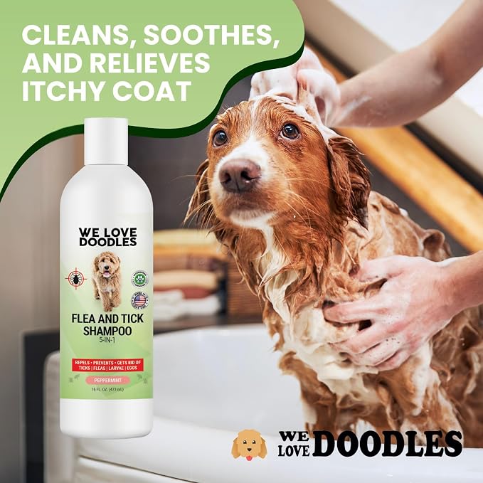 We Love Doodles Flea Shampoo for Dogs - Stops Fleas & Ticks for Dogs, Natural, Safe & Effective Lice Treatment, Soothing Shampoo for Sensitive Skin, Manufactured in USA, 16 oz