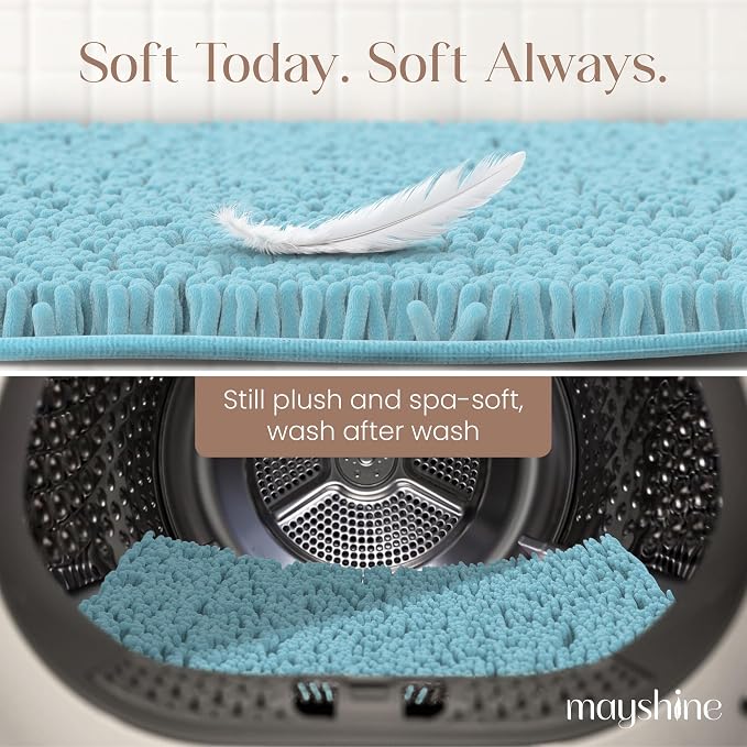 MAYSHINE Small Plush Shaggy Chenille Bath Mat, 24"x17" Extra Soft, Super Absorbent, Non-Slip Bathroom Rug | Fluffy Microfiber, Area Rug Sets for Bathroom Floor, Kitchen, Living Room | Spa Blue