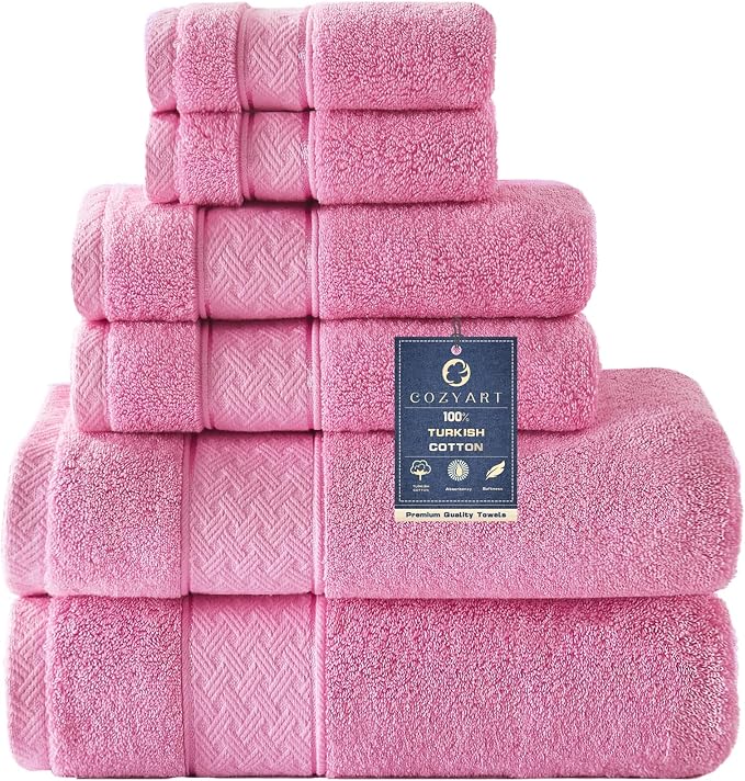 COZYART Pink Bath Towel Set 6 Piece, 100% Zero Twist Ring Spun Turkish Cotton 650GSM, Ultra Soft Absorbent Fast Dry Hotel Quality Bathroom Towels