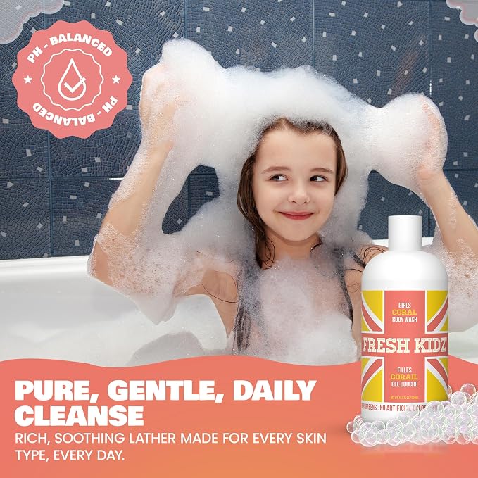 Fresh Kidz Body Wash for Kids and Teens - Gentle Bath and Shower Cleanser for All Skin Types - Girls Coral, 16.9 Fl.Oz.