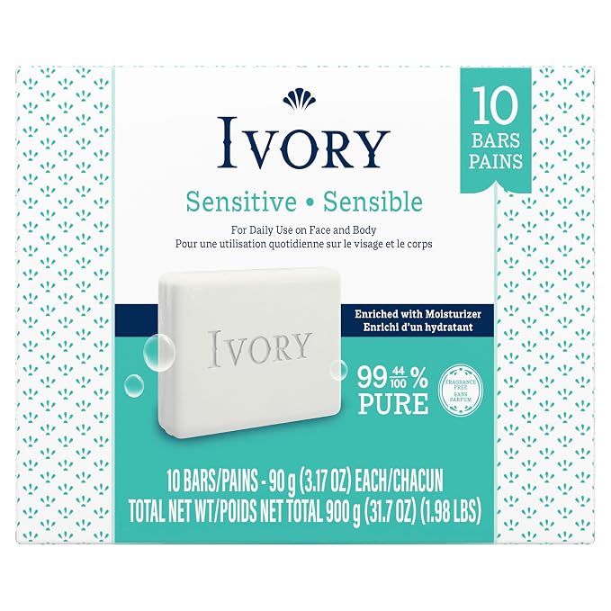 Ivory Sensitive Bar Soap, Designed for Whole Family, Fragrance Free, 99.44% Pure Formula, Plant-Based Cleanser, Made Without Heavy Perfume, Parabens,Phthalates,For All Skin Types,3.17 oz (Pack of 120)